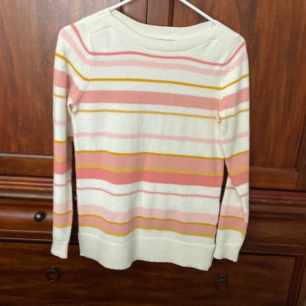 Loft, white sweater with pink & gold stripes